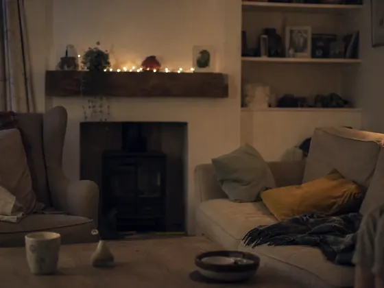 living room in the evening, fairy lights