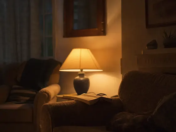living room after bedtime, lamp and a book