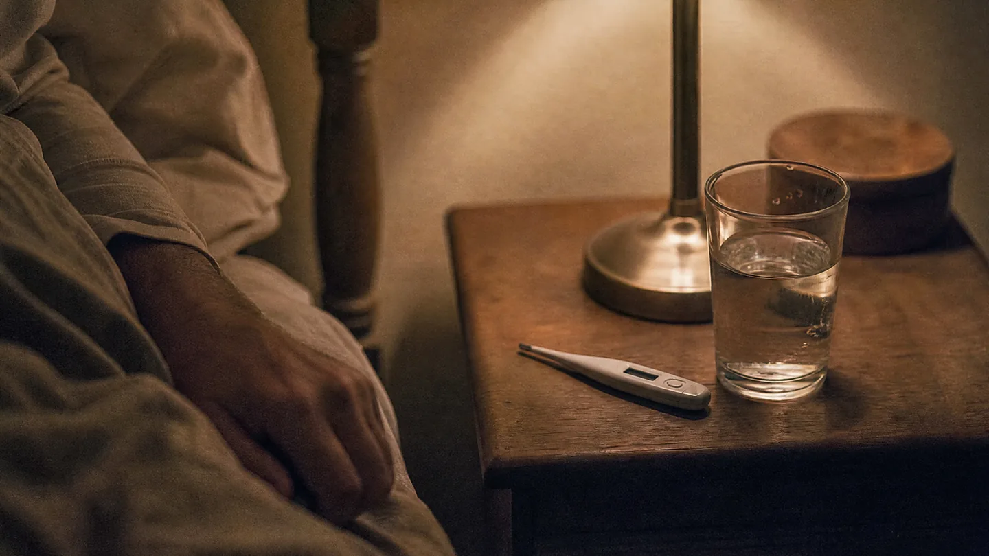 thermometer on a bedside table, night