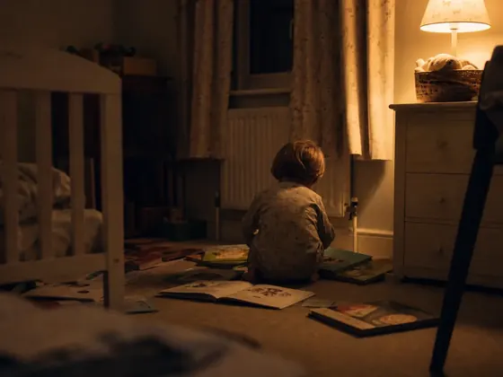 toddler bedroom, books on the floor, evening