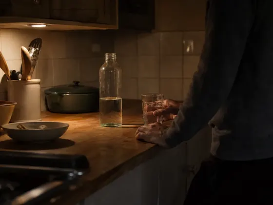 kitchen at night, bottle and a glass of water
