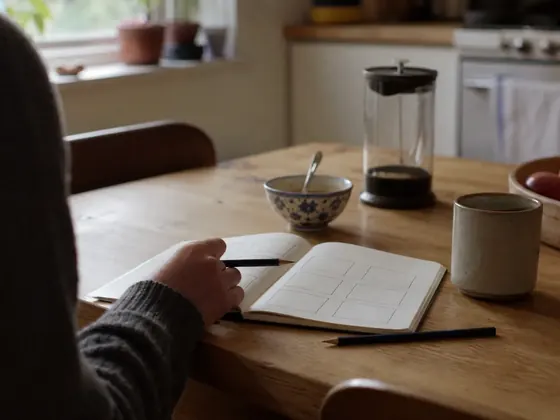 notebook with a sleep chart, kitchen table