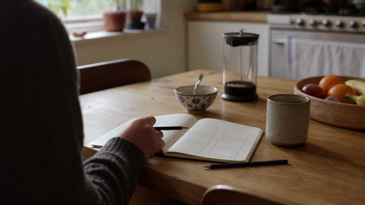 notebook with a sleep chart, kitchen table
