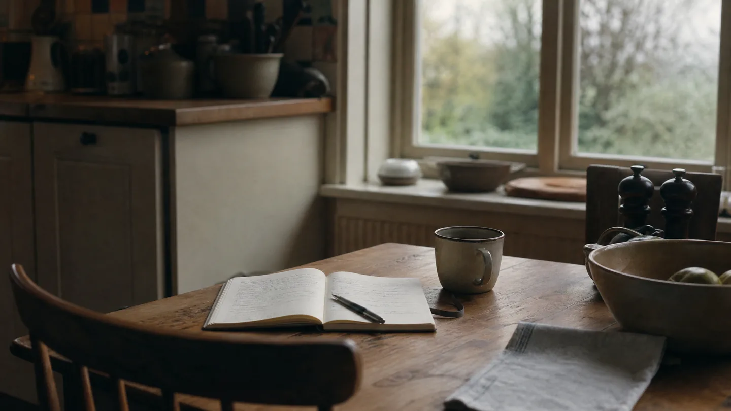 notebook and pen, kitchen table, morning