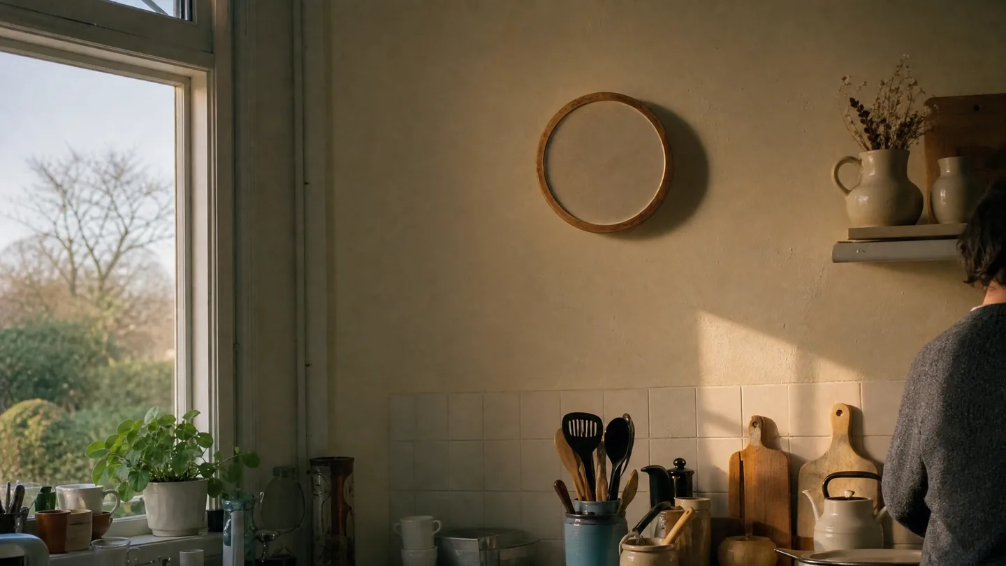 clock on a kitchen wall, late afternoon