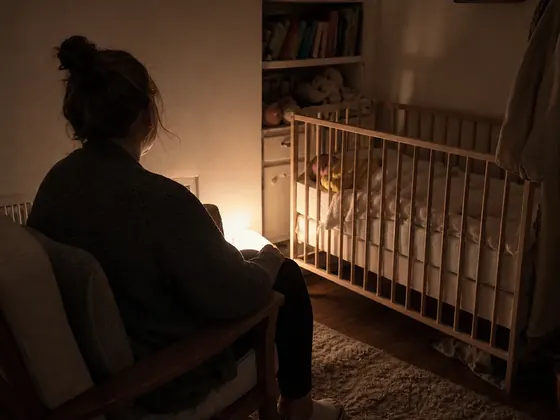 nursery chair beside a cot, dim lamp