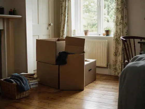 cardboard boxes, empty room, afternoon light