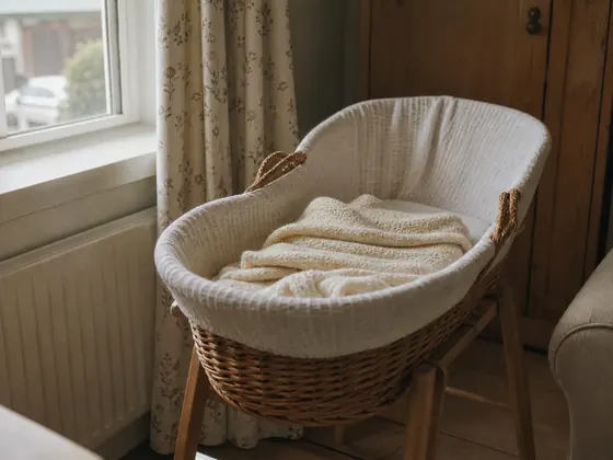 moses basket, morning light through a window