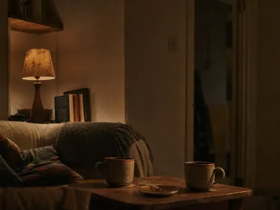 two adults on a sofa, late evening