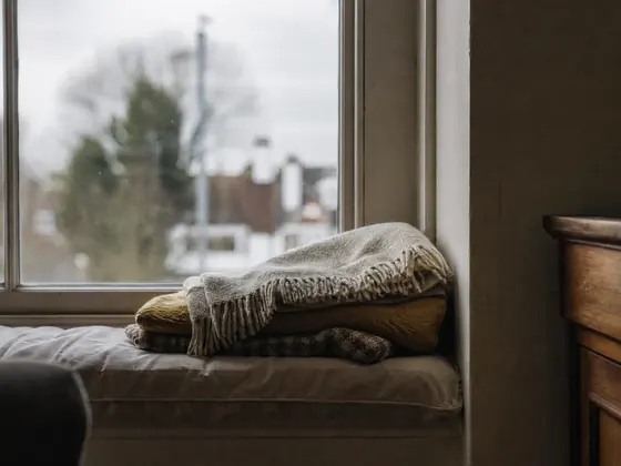 window seat, grey morning, blanket