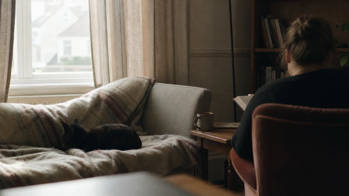 sofa, throw, curtains half drawn