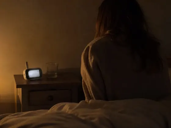 monitor screen on a bedside table at night