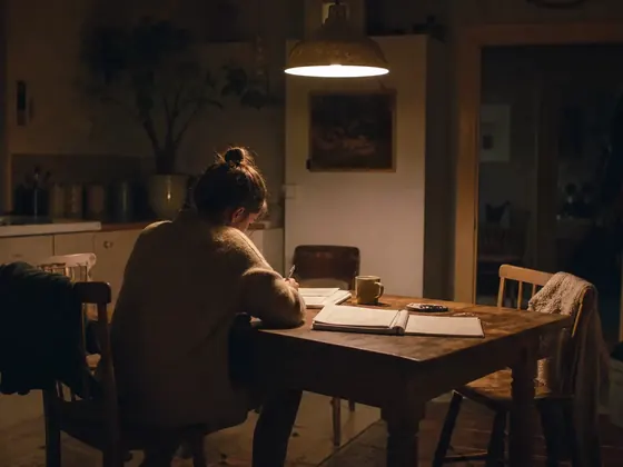 two adults, kitchen at night