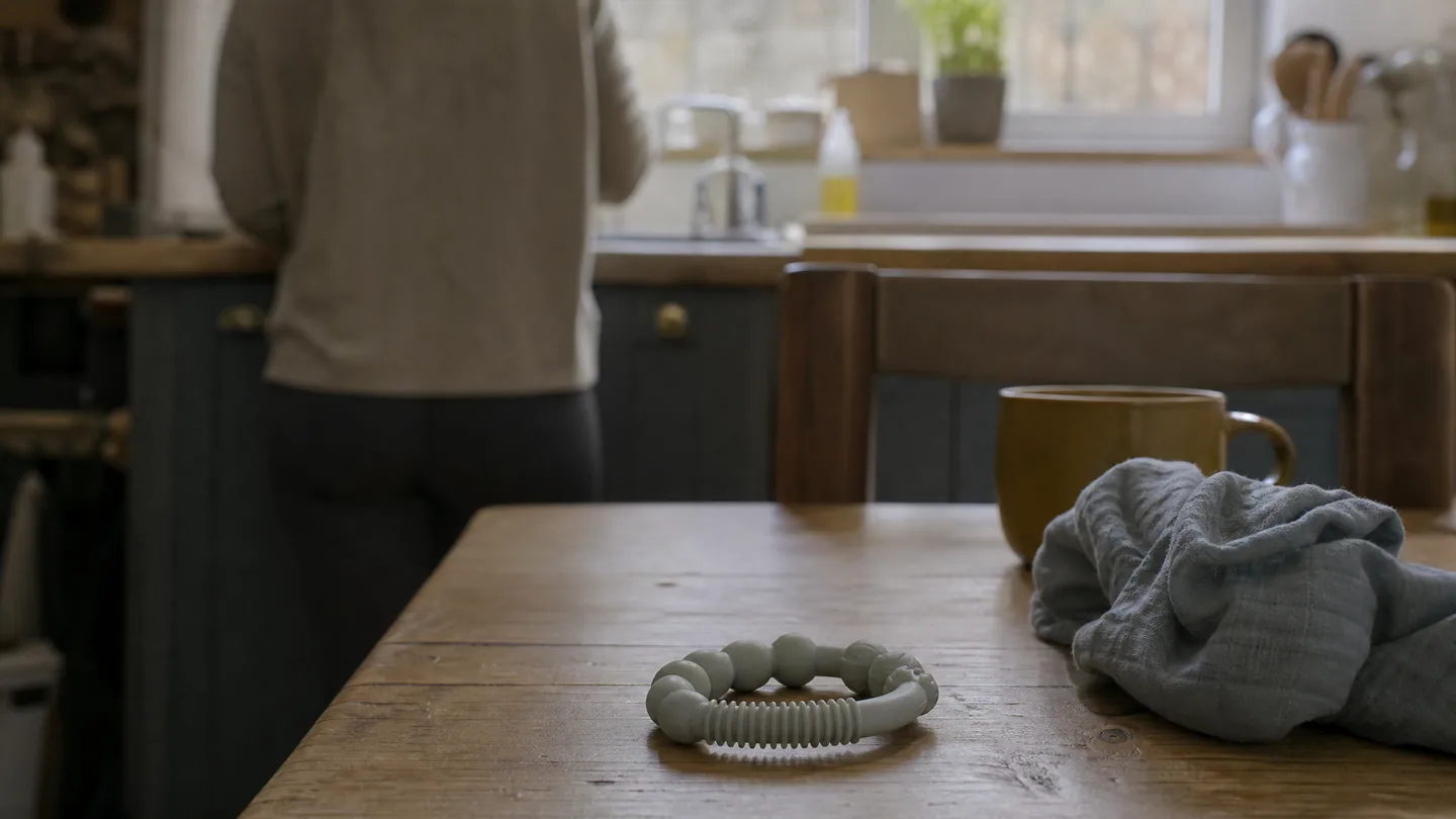 teething ring, kitchen table