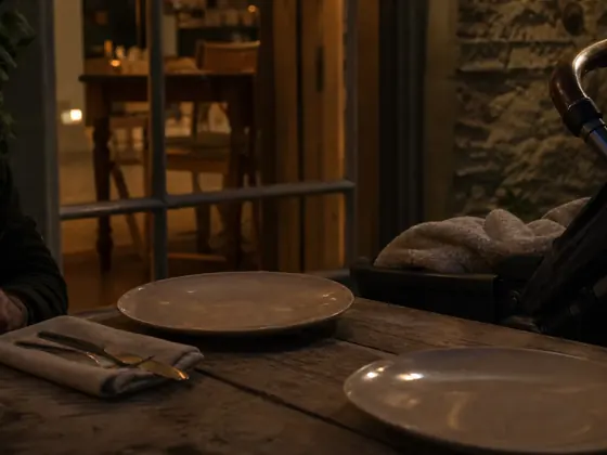 restaurant table at dusk, pram alongside