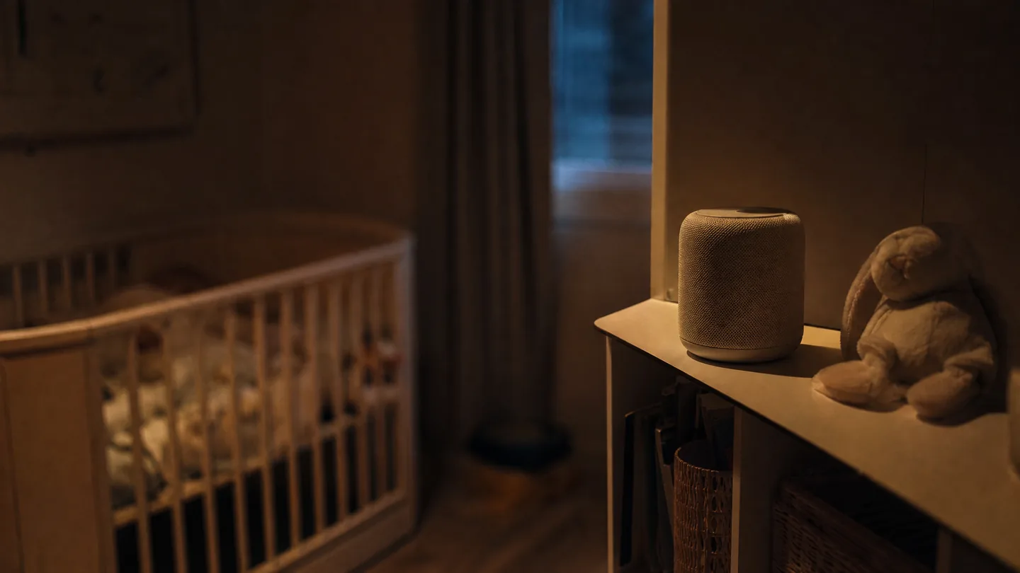 small speaker on a shelf across a nursery