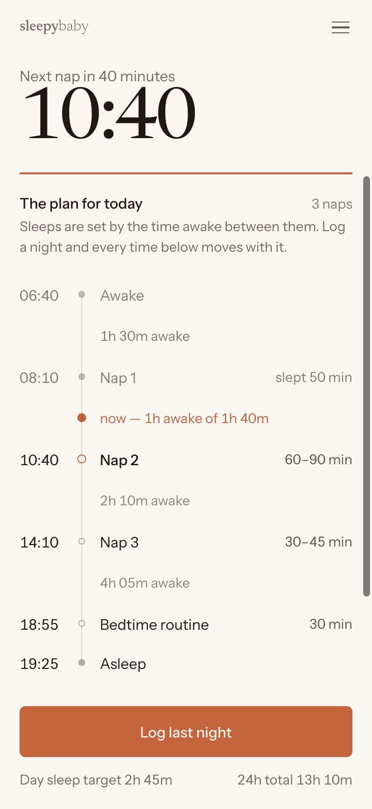 The Today screen: naps, windows and bedtime for one day
